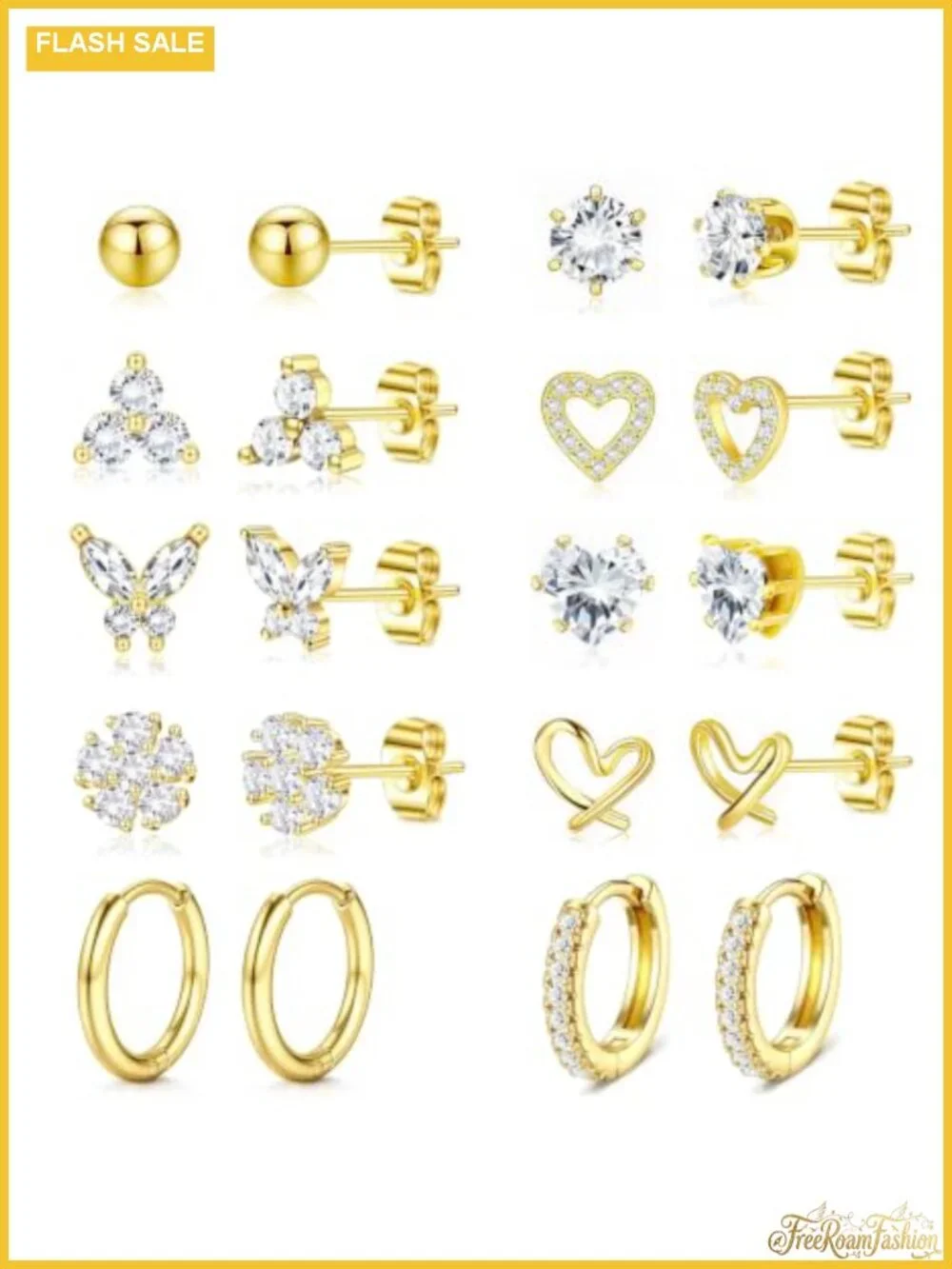 14K Gold Plated Earrings Set for Women Hypoallergenic Nickel Free Studs Huggies